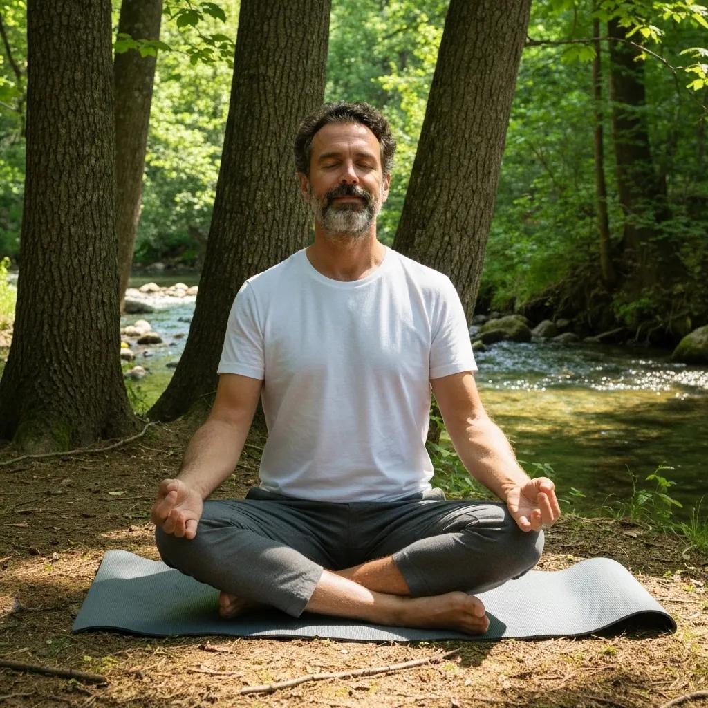 Persona meditando en un entorno natural, simbolizando la transformaci&oacute;n mental y la claridad en el trading