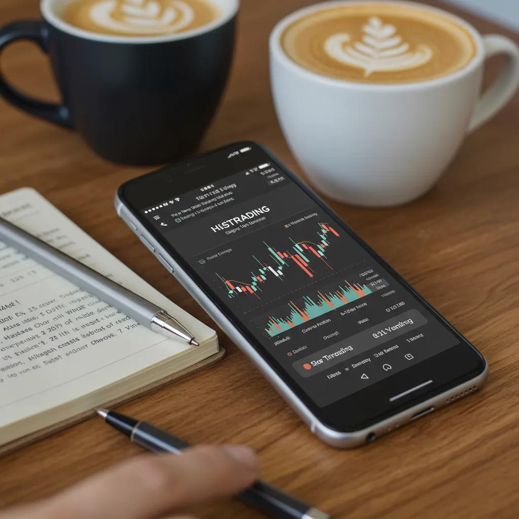 Un trader principiante en un escritorio acogedor con una laptop, analizando gr&aacute;ficos de trading en un ambiente c&aacute;lido