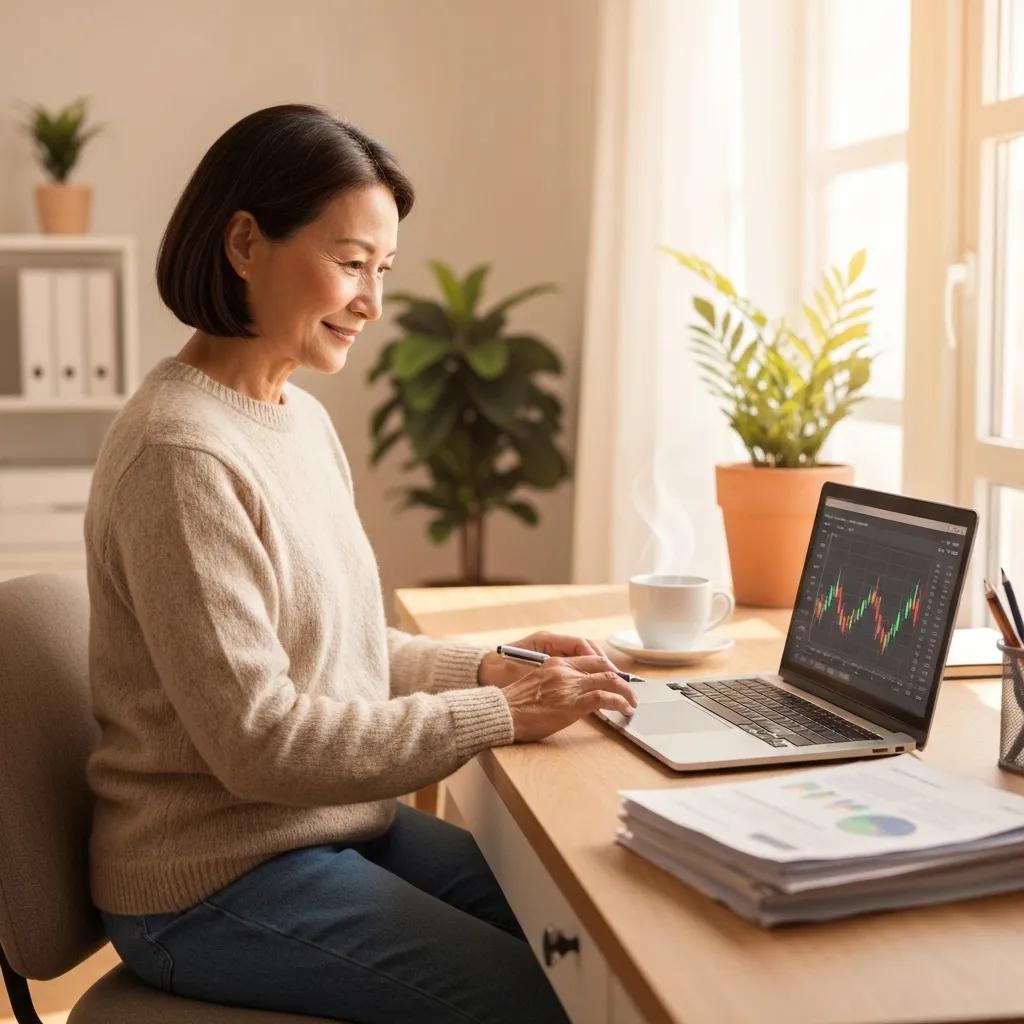 Escena de oficina hogare&ntilde;a acogedora con una persona analizando documentos financieros y datos burs&aacute;tiles, enfatizando el concepto de generar ingresos pasivos a trav&eacute;s de dividendos