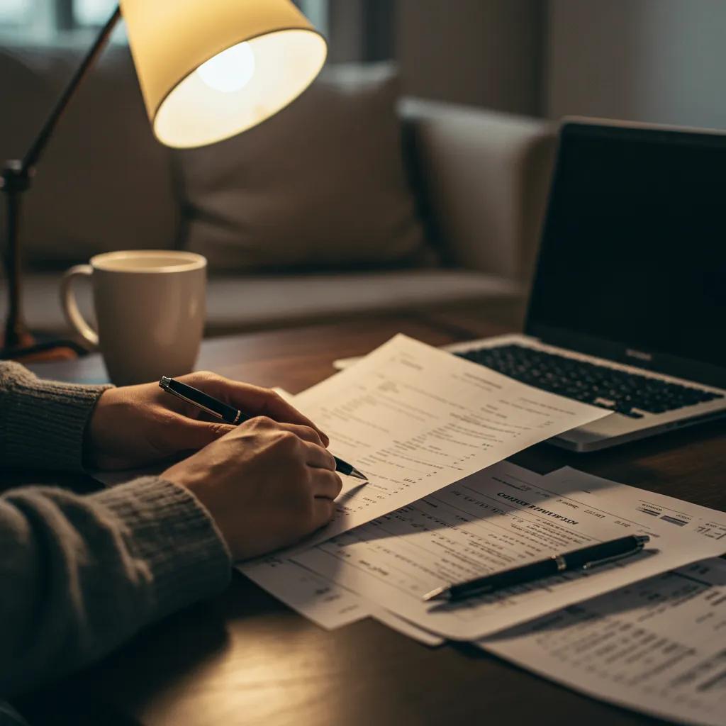 Cozy home office scene with a person reviewing financial documents, symbolizing financial independence through dividends