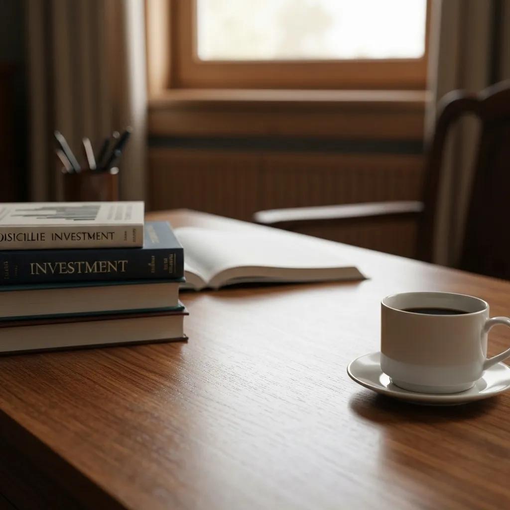 Cozy study environment with investment books and coffee, symbolizing Warren Buffet's disciplined investment philosophy