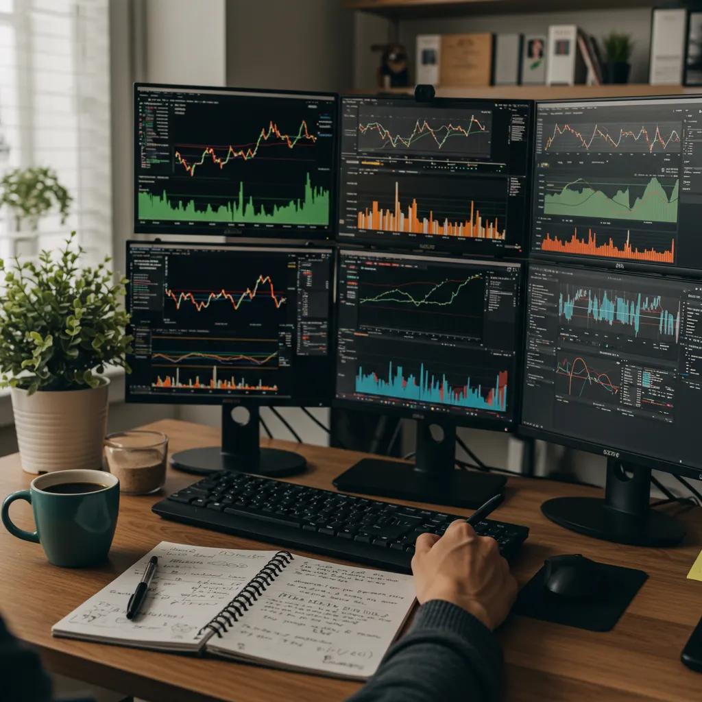 Cozy trading setup with multiple screens, coffee, and notes illustrating day trading indicators