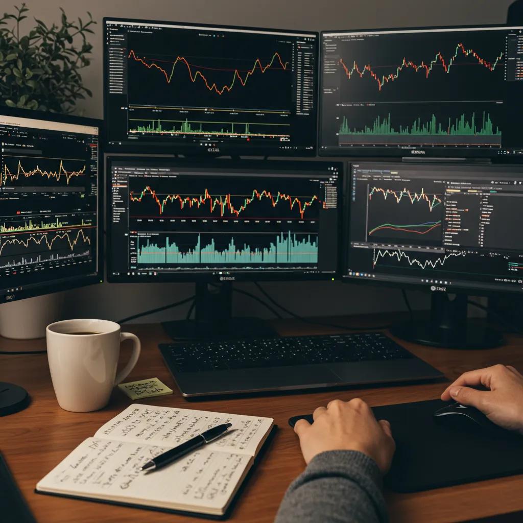 Cozy trading workspace with multiple screens showing trading indicators and a cup of coffee