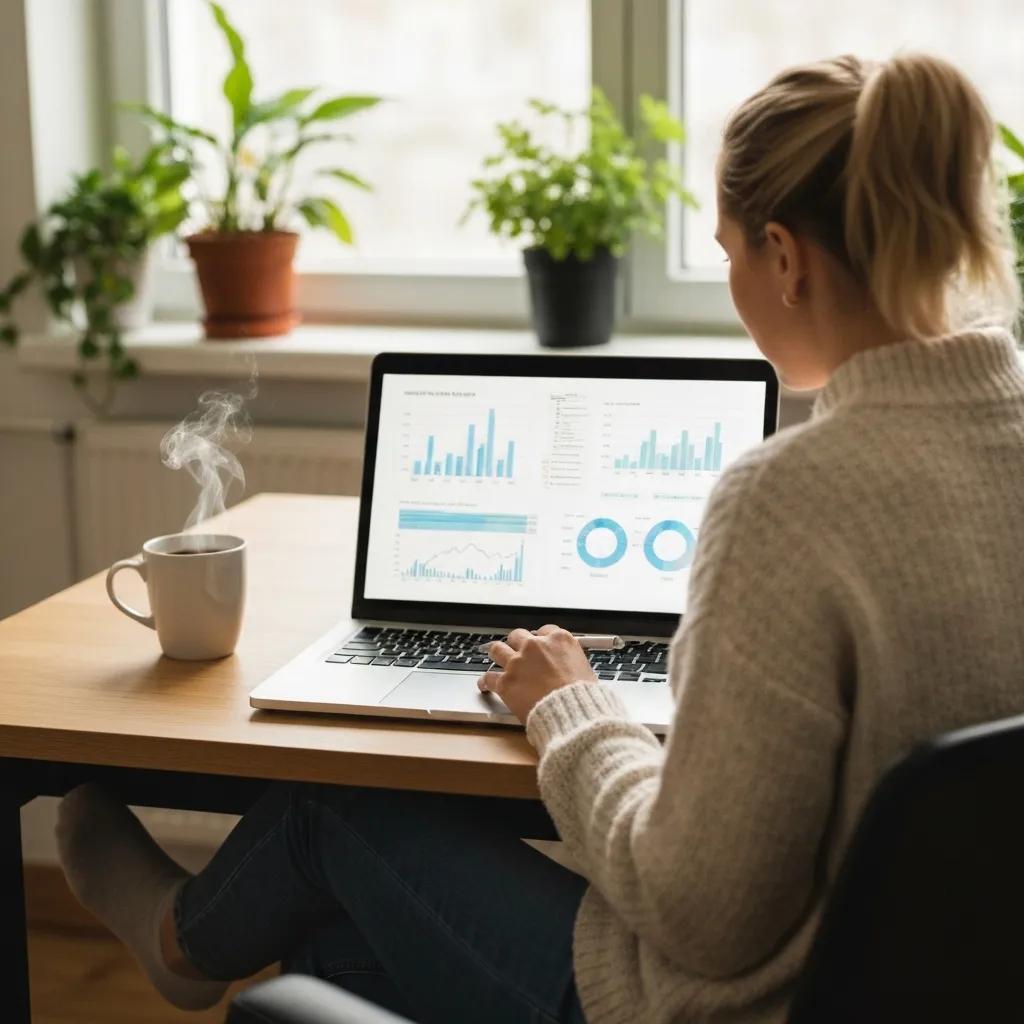 Cozy workspace with a person analyzing investment options on a laptop, emphasizing financial planning