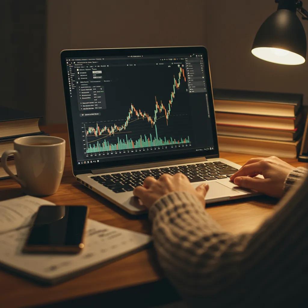 Espacio de trabajo acogedor con una persona analizando datos del mercado de valores en una laptop, destacando temas de inversi&oacute;n