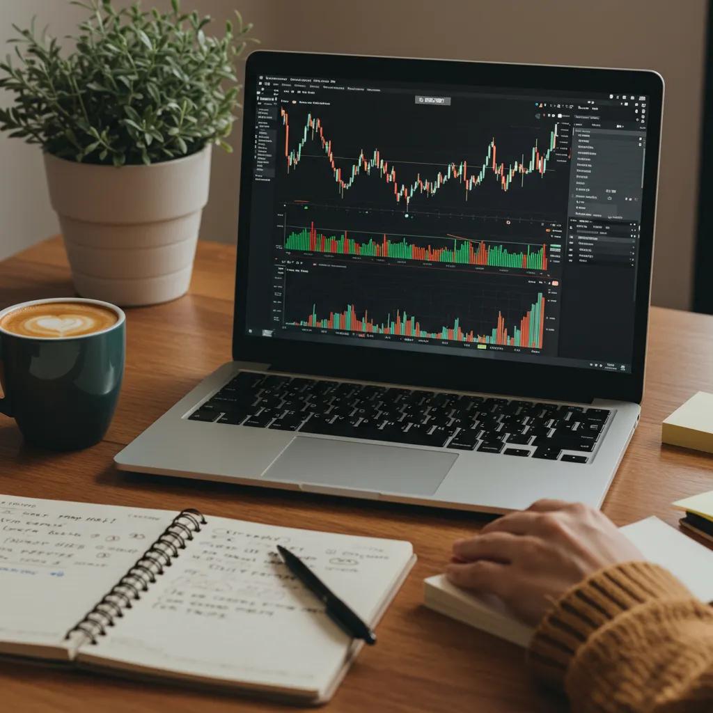 Cozy workspace with a person analyzing stock market data on a laptop, featuring a cup of coffee and a notepad