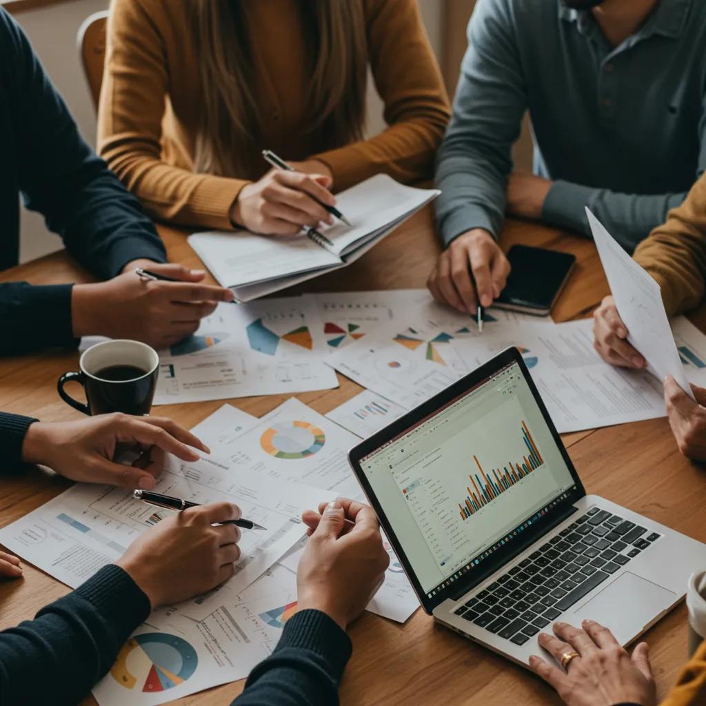 Grupo diverso discutiendo inversi&oacute;n en activos financieros en un ambiente acogedor