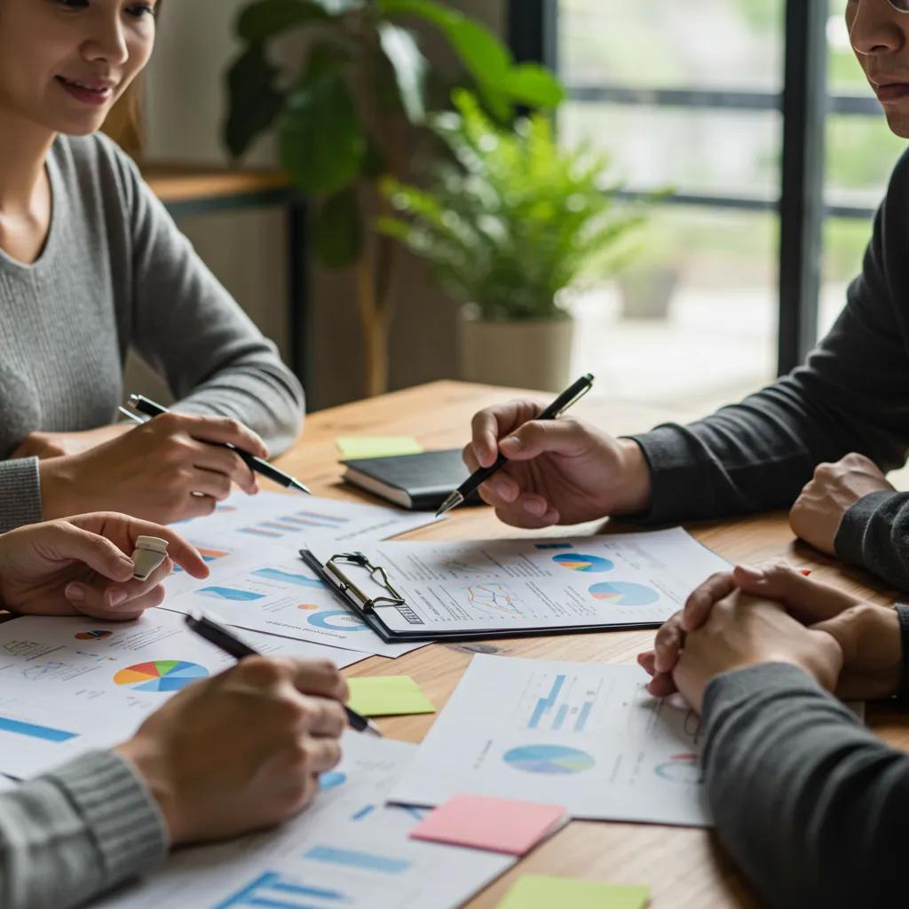 Espacio de trabajo ordenado con una persona analizando opciones de inversi&oacute;n seguras y documentos financieros