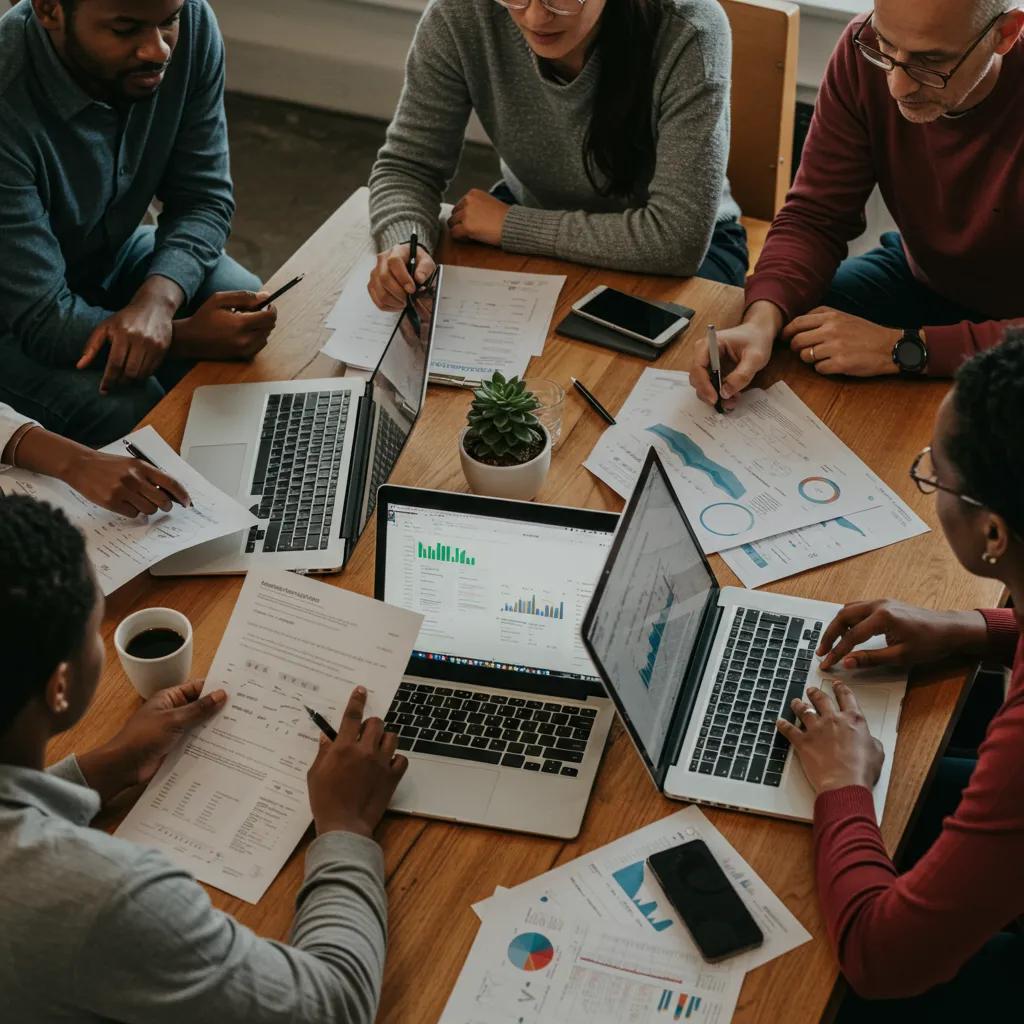 Un grupo diverso de personas compartiendo ideas sobre inversiones en un ambiente acogedor y estimulante