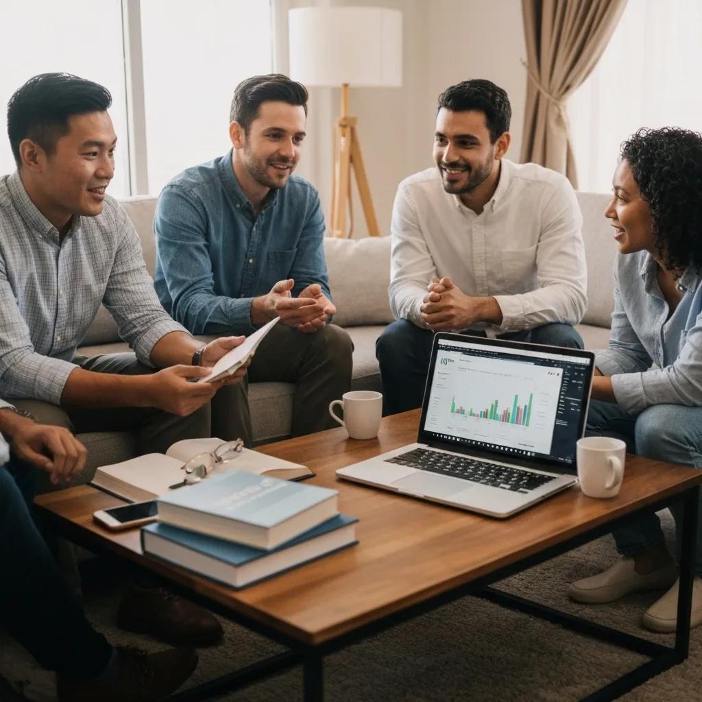 Group discussion on UCITS investment strategies in a cozy living room setting