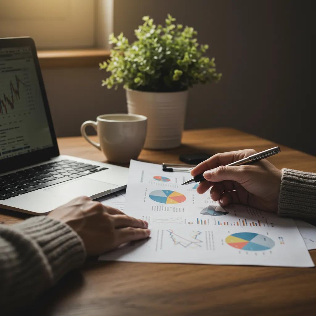 Person analyzing financial documents and charts at a cozy desk