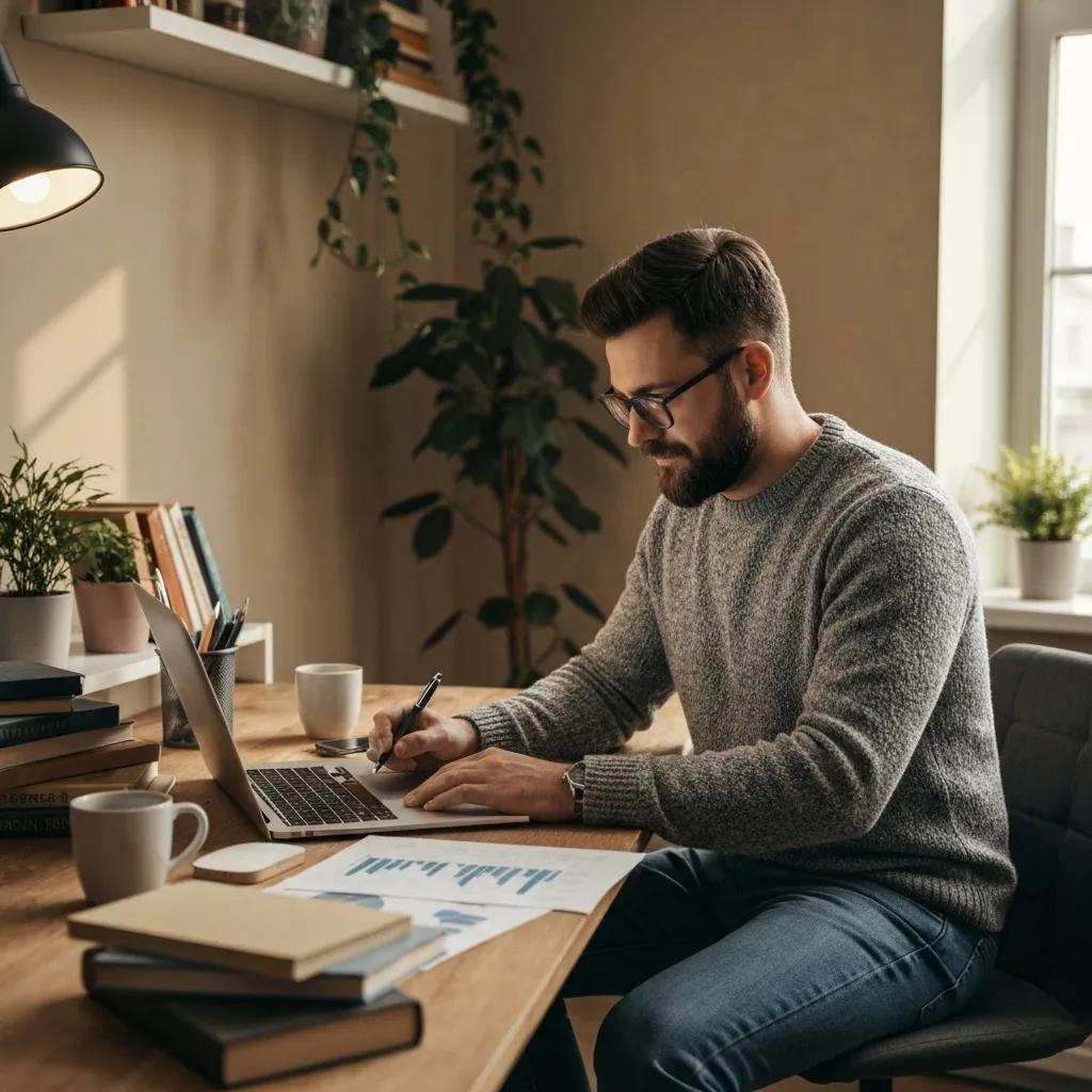 Person analyzing financial documents and charts in a cozy workspace
