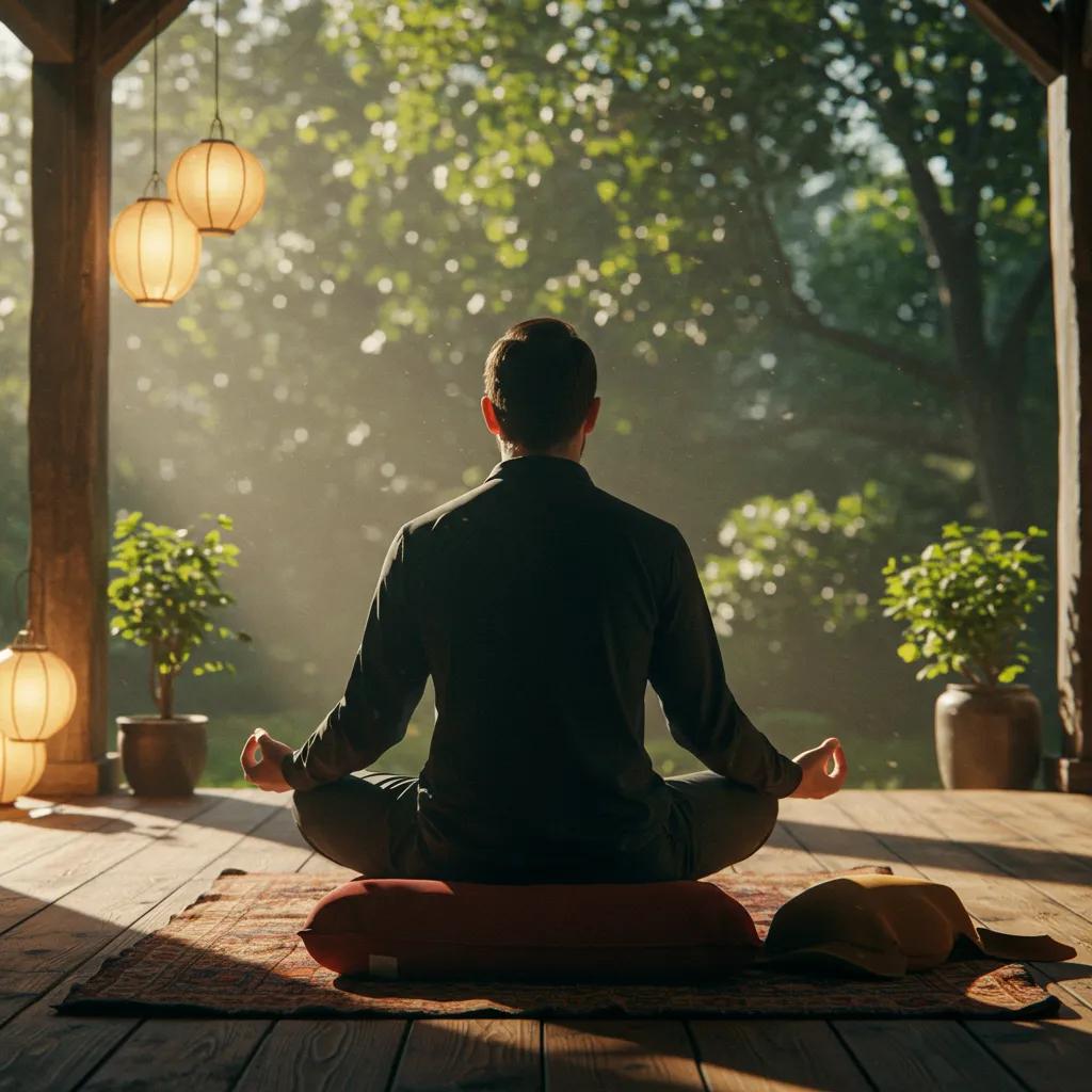 Trader practicando mindfulness en un entorno sereno, enfatizando el control emocional y técnicas de relajación