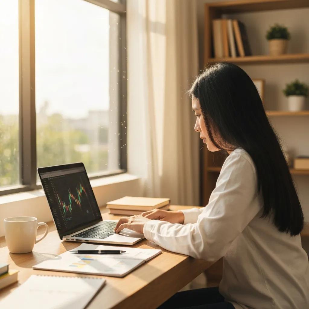 Cozy home office with a person analyzing stock market data, emphasizing investment in the IBEX 35