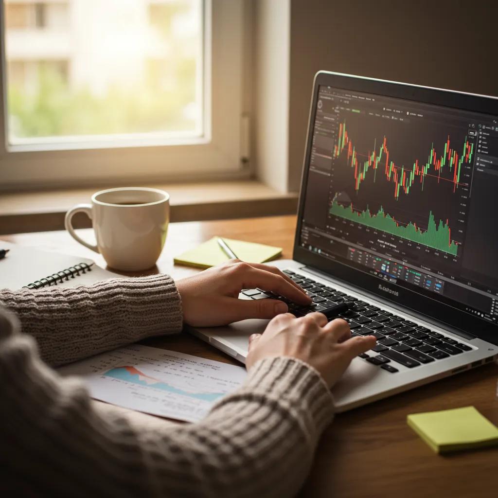 Cozy home office with a trader using a laptop, coffee cup, and notepad, emphasizing trading and investment