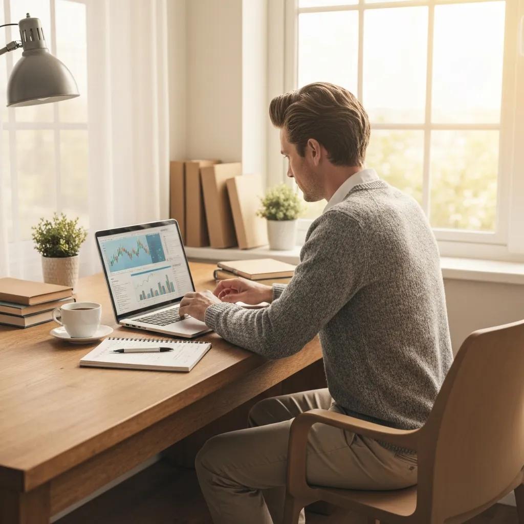 Espacio de trabajo c&oacute;modo en casa con persona analizando datos burs&aacute;tiles, port&aacute;til, caf&eacute; y bloc de notas