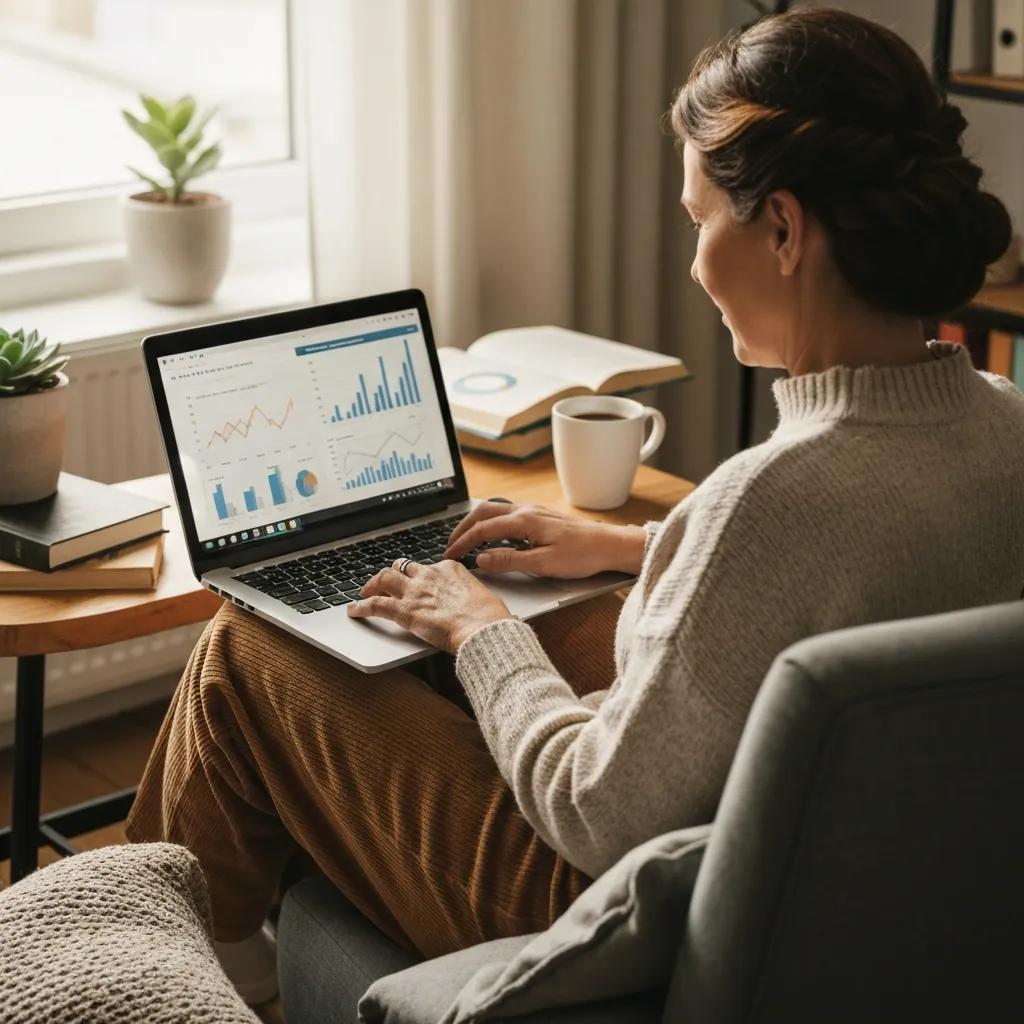 Cozy home workspace with a person using a laptop for investment management
