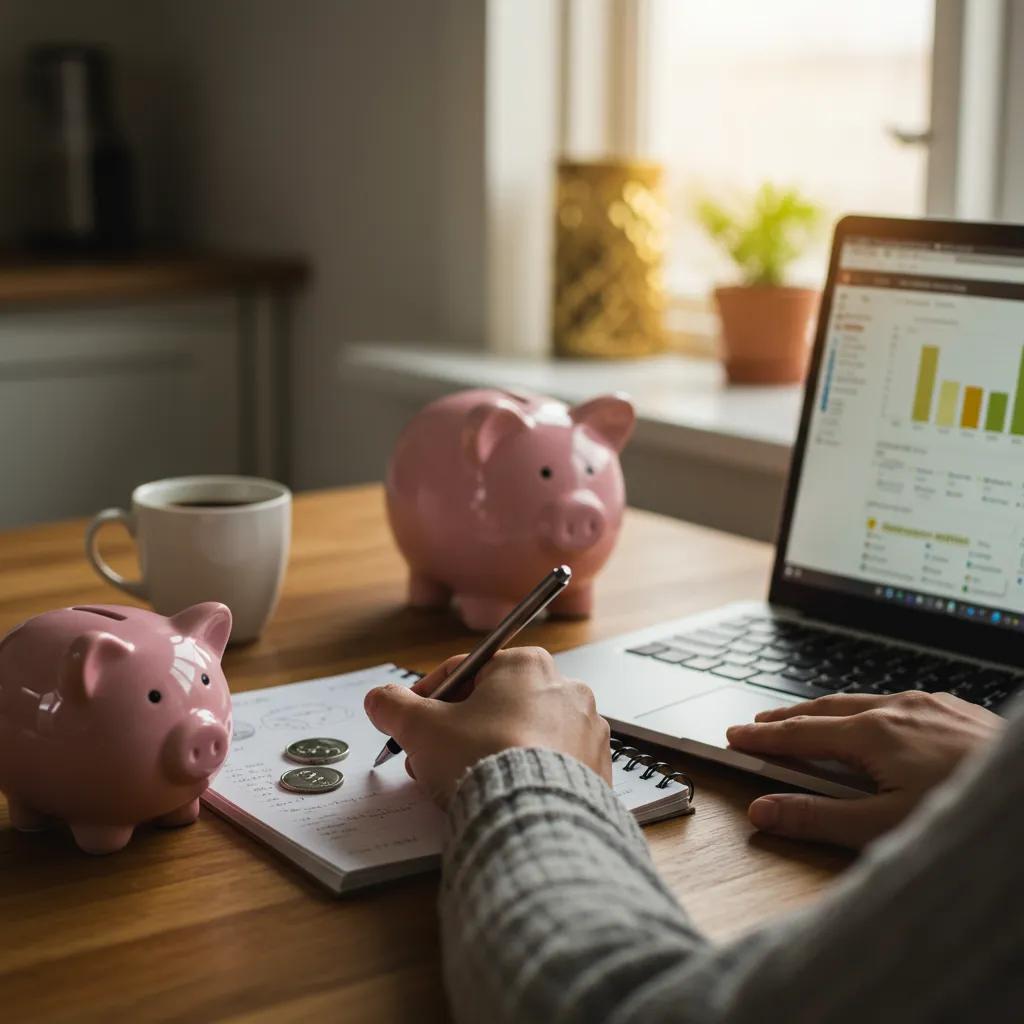 Cozy lifestyle image of a person planning savings with a notebook and piggy bank
