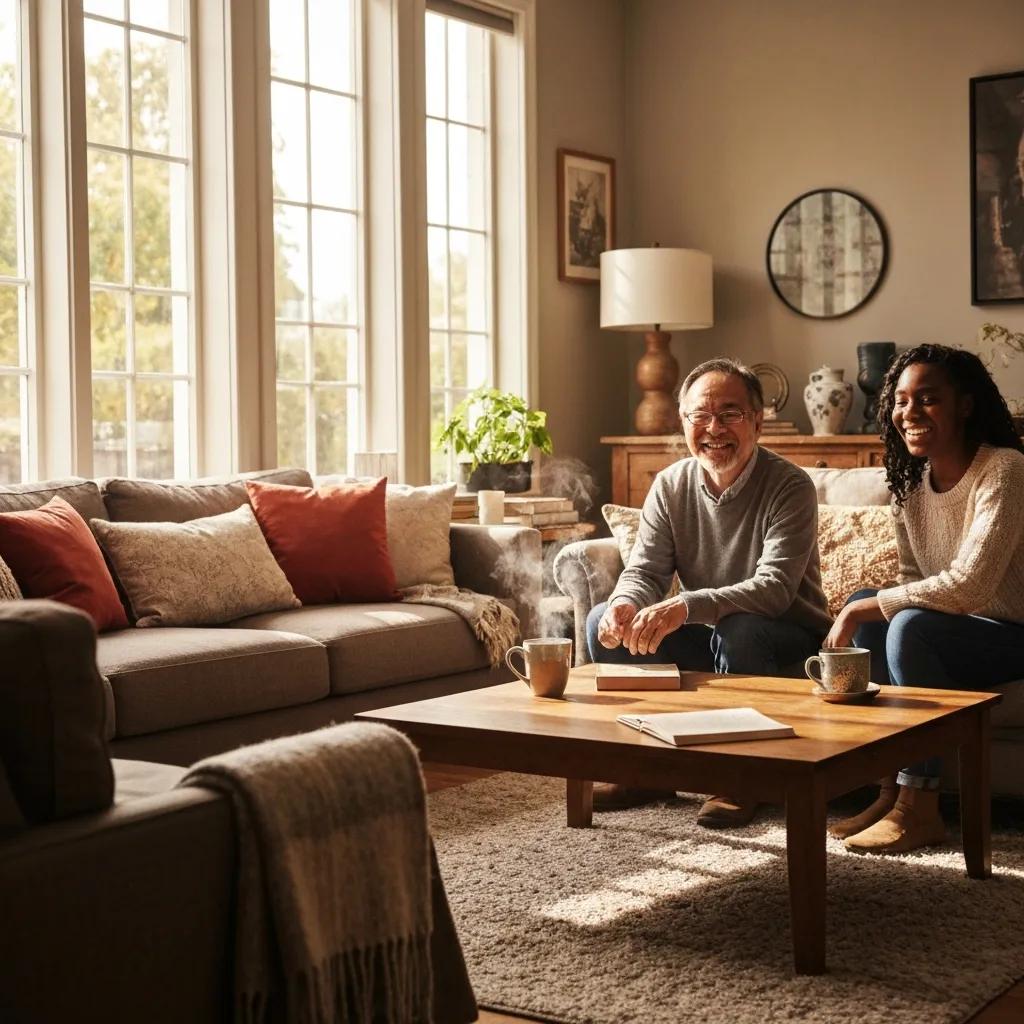 Diverse group discussing global stock markets in a cozy living room setting
