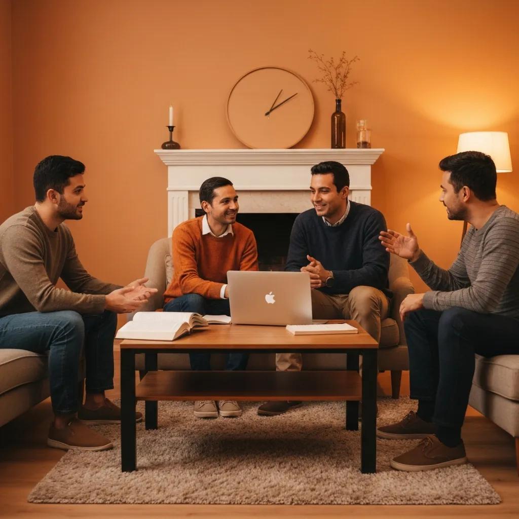 Diverse Latin American investors discussing stock market indices in a cozy living room setting