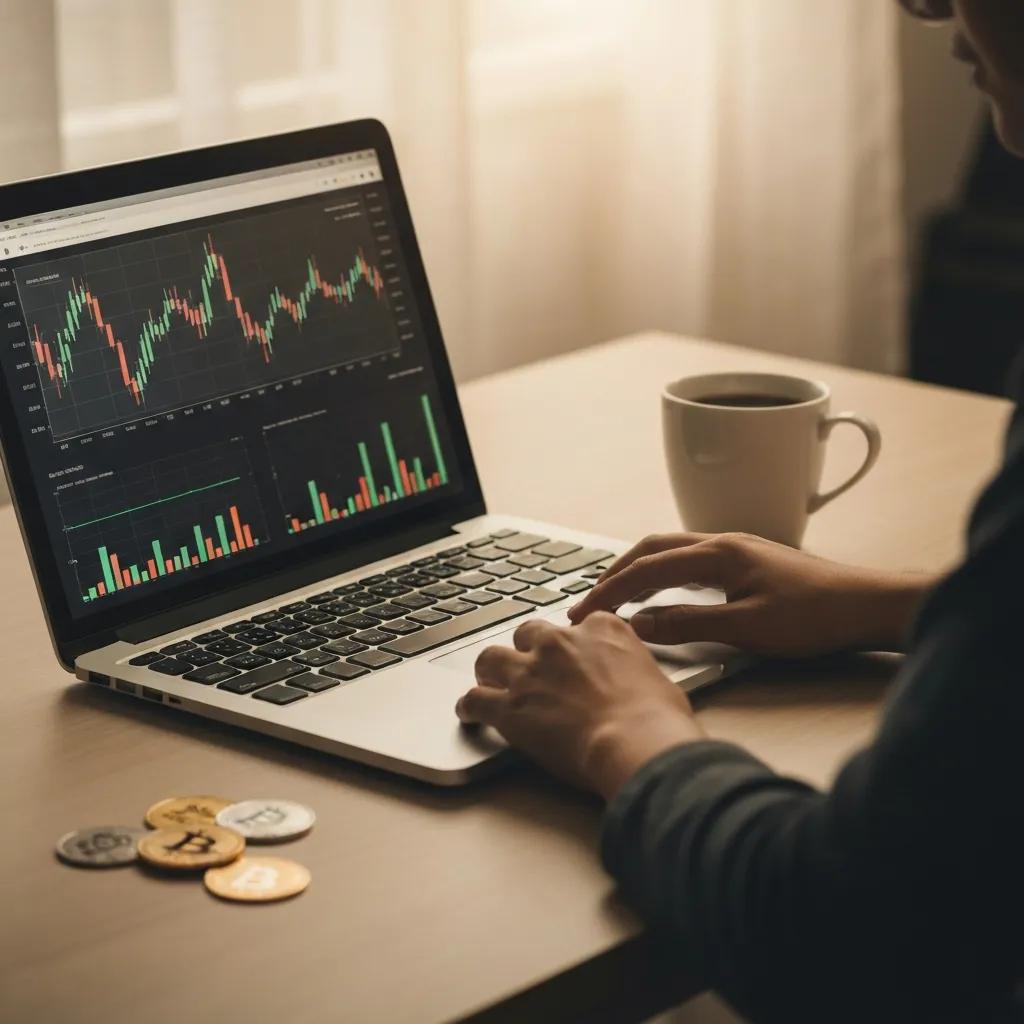Persona analizando gr&aacute;ficos de criptomonedas en un port&aacute;til