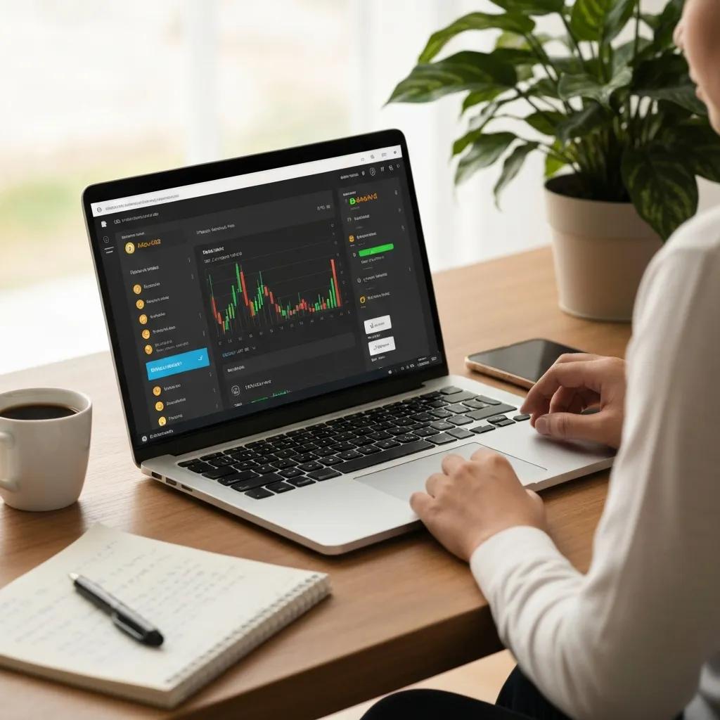 Person using a laptop to buy Bitcoin on Bit2Me, with a cozy workspace setting